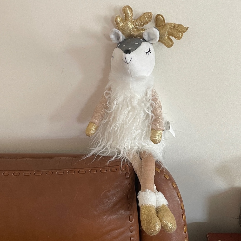Festive Gold and White Reindeer Plush Decor
